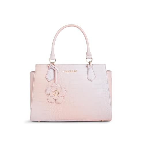 Image of Caprese Marilyn Medium Satchel Bag for Women | Croc Pattern Top-Handle Handbag with Flower Charm & 1 Specius Main Compartment | Adjustable & Detachable Strap Shoulder Bag for Office Use (Peach)