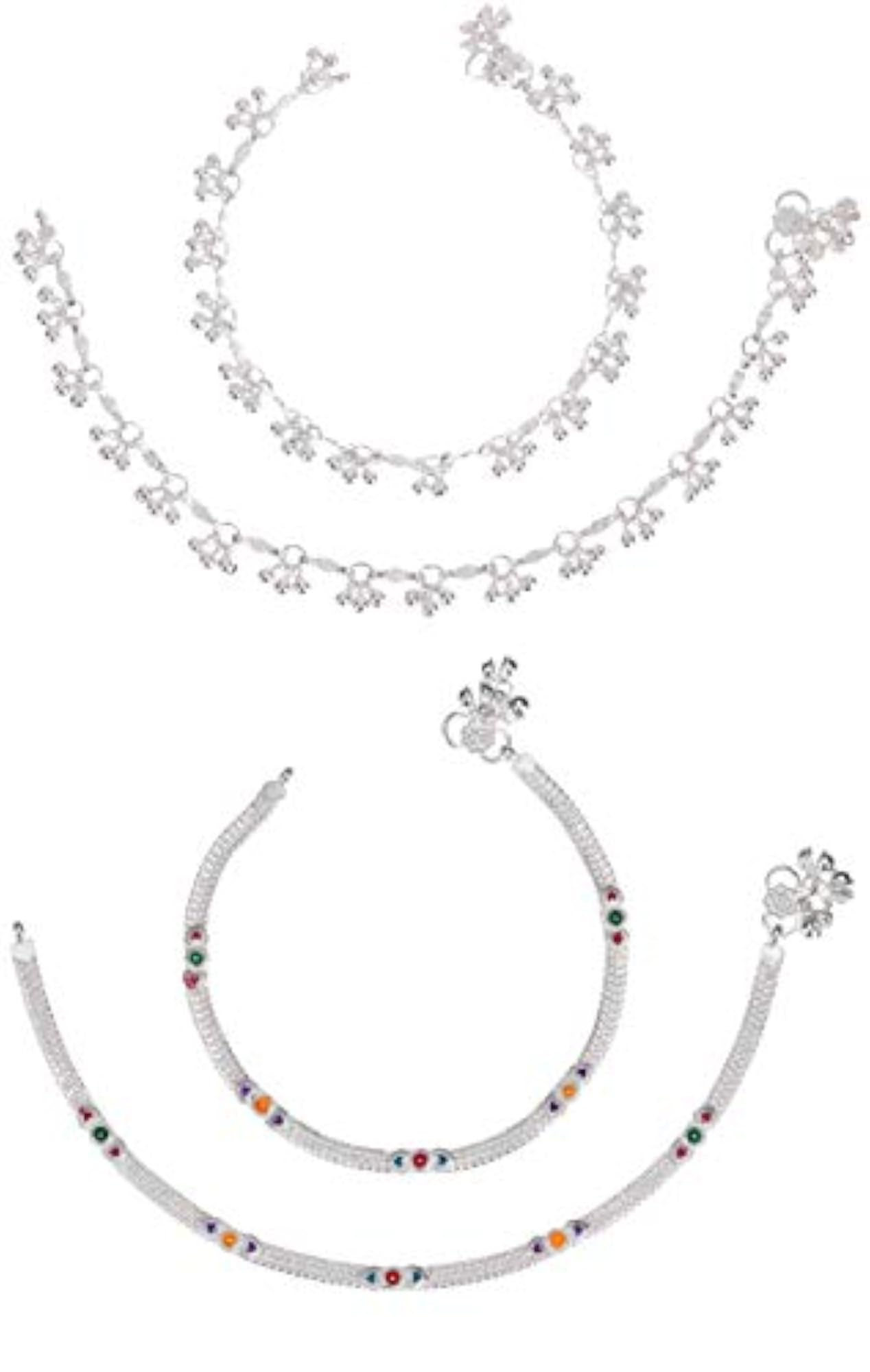 2 Pair Indian Traditional Ethnic Silver Anklet Set for Women
