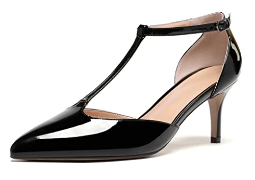 SAMMITOP Women's Kitten Heel Pointed Toe Pumps Ankle Strap Mid Heel T-bar Dress Shoes2