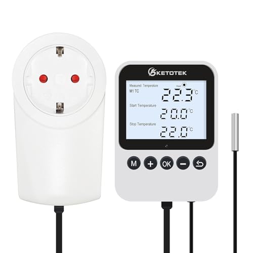 KETOTEK Tag/Nacht-Temperaturregler, Digitaler Thermostat Steckdose 230V mit Zeitschaltuhr & 3m Sonde, Thermostat Stecker für Terrarium, Reptilien, Gewächshaus, Garage, Inkubator