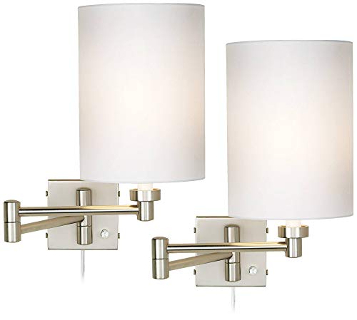 Possini Euro Design Modern Indoor Swing Arm Wall Mount Lamps Set of 2 Brushed Nickel Plug-in Light Fixture Dimmable Cylinder Shade for Bedroom Bedside House Reading Living Room Home Hallway Dining