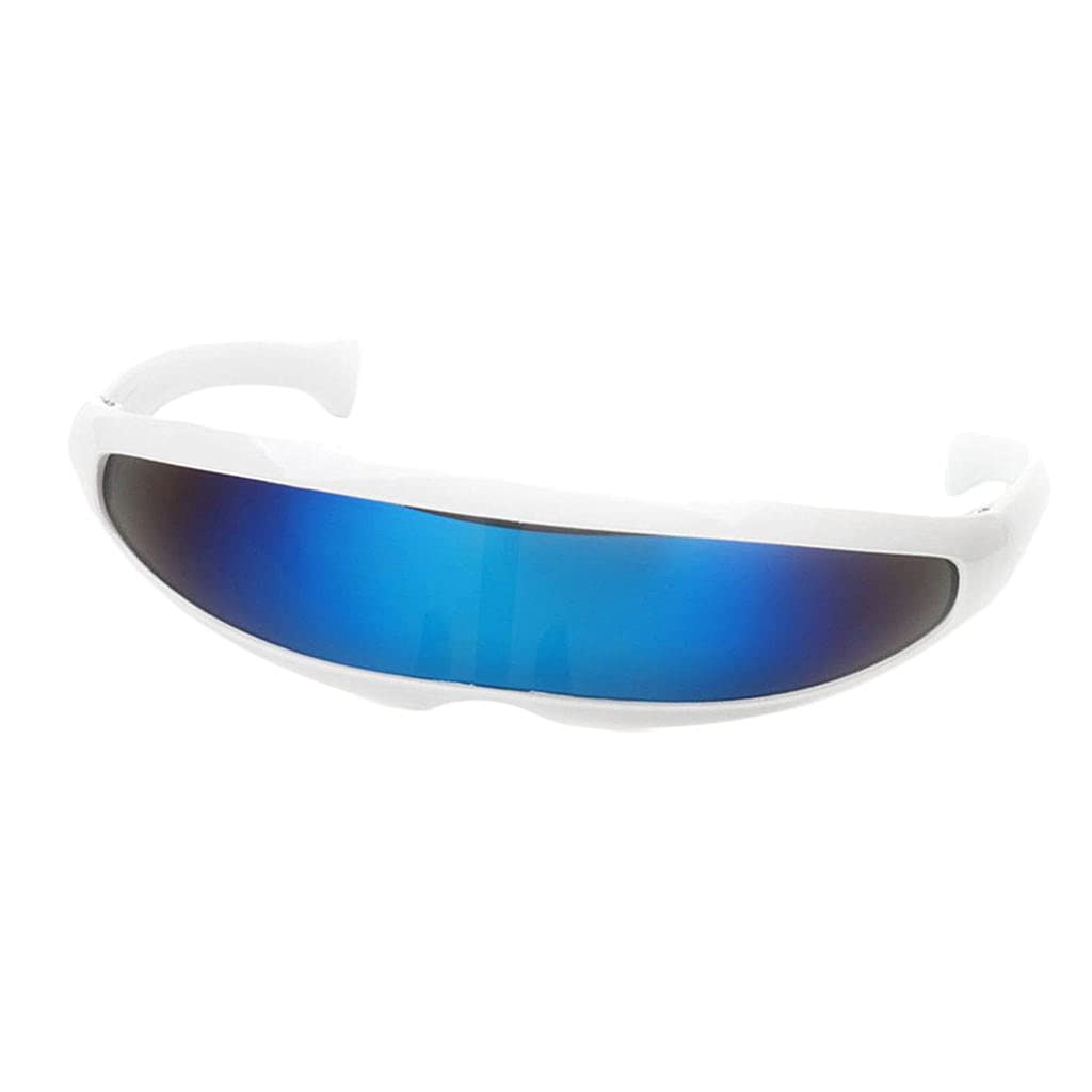 Colcolo Futuristic Narrow Color Visor Sunglasses Fancy Dress Costume, Unisex Eyeglasses Photo Props Sunglasses, White Frame Blue Mirrored