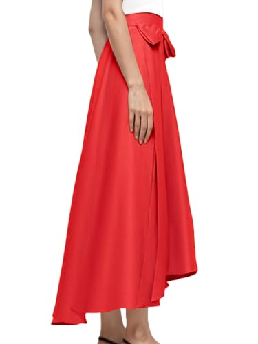 Women's High - Low Midi Skirt with Bow Detailing - Elegant Satin Flared Skirt4