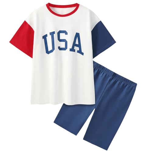 Image of Weixinbuy Girls 4th of July Outfit 2 Piece Short Sleeve Oversized T-Shirt and Biker Shorts Kids Fashion Summer Colothes Set