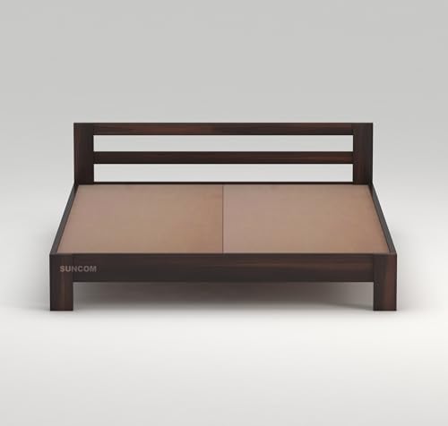 Image of SUNCOM Wooden Low Height King Size Bed Without Storage | Wooden Platform Bed | Space Saving Low Floor /Lying /Rise /Level /Profile Cot Bed for Bedroom | Basic Headboard | Walnut Finish