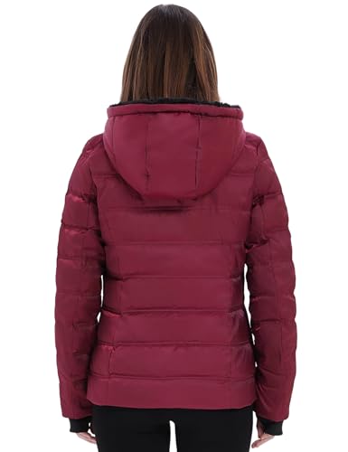 Women Down Puffer Jacket, Hooded Puffer Coat with Faux-Fur Hood & Collar Thumb Hole3