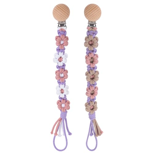 Image of Pacifier Clip for Boys Girls Floral Daisy Macrame Baby Paci Clip Pacifier Holder Leash Boho Wooden Clips Handmade Braided Cotton Binky Clips (2pack:Lavender Style x 2)