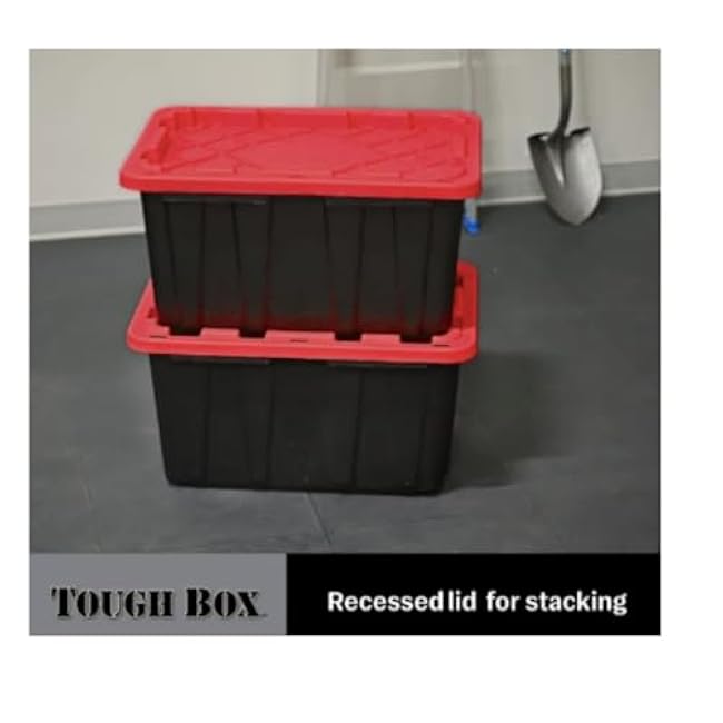 Tough Box 27 Gallon Large Plastic Storage Container with Snap-On Lid, Black with Red, Pack of 4