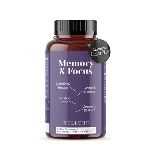 Nullure Nootropique Mémoire et Concentration | Stimulant Cognitif · Énergie · Vivacité Mentale | Citicoline COGNIZIN + Ginkgo Biloba 6000mg + Bacopa Monnieri + Ginseng + Zinc | Sans Caféine | 60 cps.
