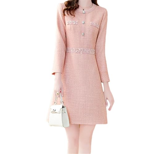 Elegantes Damen-Tweed-Kleid, Rundhalsausschnitt, Knopfleiste, lange Ärmel, Büro, Winter, schmal, A-Linie, Pnnrk, S