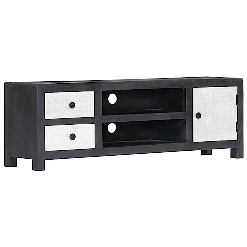 QUAHEAS Mueble para TV tallado a mano, color gris y blanco, de madera maciza de mango con 1 puerta, 2 cajones, 2 compartimentos, espacio de almacenamiento práctico para salón, dormitorio