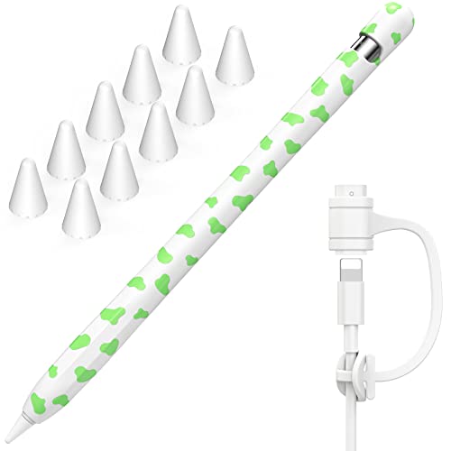 NIUTRENDZ Cow Print Case for Apple Pencil 1st Generation Cover Silicone Sleeve Protector Skin Accessories with Cable Adapter Tether (Green + White)