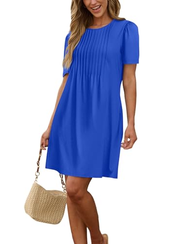 Image of SAMPEEL Womens Pleated Front Summer Dresses Casual Short Sleeve T Shirts Dress with Pockets Vacation Beach Cover UP