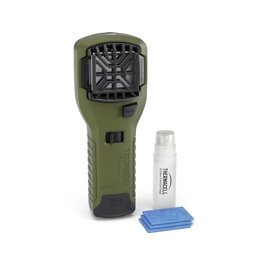 Thermacell MR300GI Mückenschutz-Handgerät PT19 - Mückenabwehr mit Zitroneneukalyptusöl - 15 m Schutzzone - Garten Terrasse Camping Angeln - Inkl. 1x Gaskartusche & 3X Plättchen (12h) - olivgrün