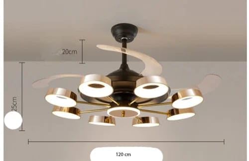 Image of Glowave 8 Light Glass Black Chandelier Fan 42 Inch Retractable Blades Remote Control - Tricolour | Warm White, White, Natural White | (FI 1183 Bk)