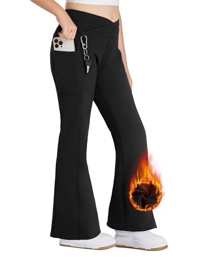 FitsT4 Sports Girls Fleece Lined Flare Pants Cross Waist Bell Bottom Leggings with Pockets Kids Bootcut Yoga Athletic Pants