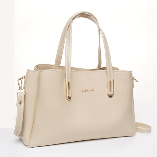 Image of Carrylux Women's Top Handle Bag | Hand Held bag | Stylish Patent Synthetic Leather Handbag with Dual Handles & Detachable Sling Strap | Beige Shoulder Purse for Work & Casual Outings