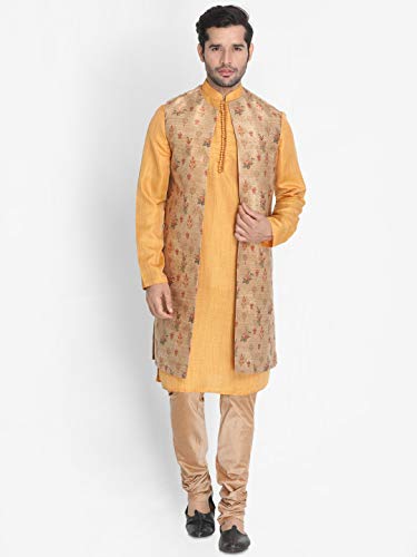 Image of VASTRAMAY Men's Beige Cotton Silk Blend Kurta, Ethnic Jacket and Pyjama Set