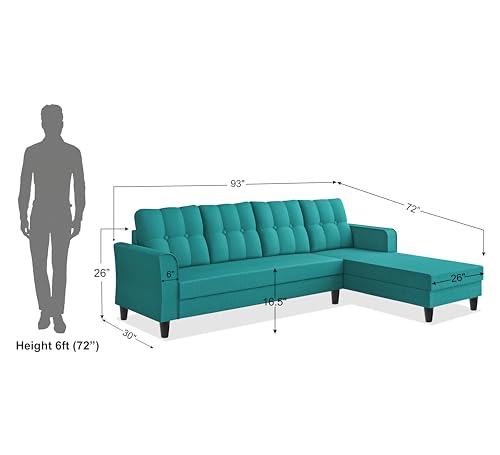 Image of Adorn India Maddox Tufted L Shape 6 Seater Sofa Set RHS (Aqua Blue) (3 Year Warranty)