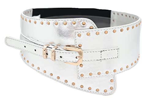 Women Wide Western Fashion Belt Hip Waist Silver Faux Leather Gold Metal Studs XS S