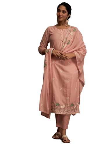 Image of INDO ERA Women's Pure Cotton Floral Embroidered Straight Kurta with Pant & Dupatta Set (IESTR11757)