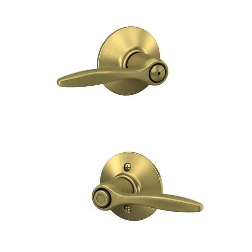 Image of Schlage Delfayo Bed /Bath Privacy Door Handle with Lock, Satin Brass | Interior bedroom or bathroom door lever with push button lock, Reversible, Easy install, Certified durability, Universal fit
