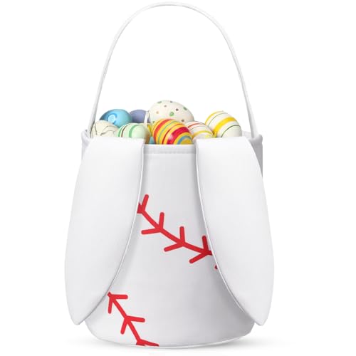 Image of Kacctyen Easter Baseball Bunny Basket Easter Sports Baskets with Rabbit Ears Tote Easter Snack Bags for Easter Egg Hunt Game