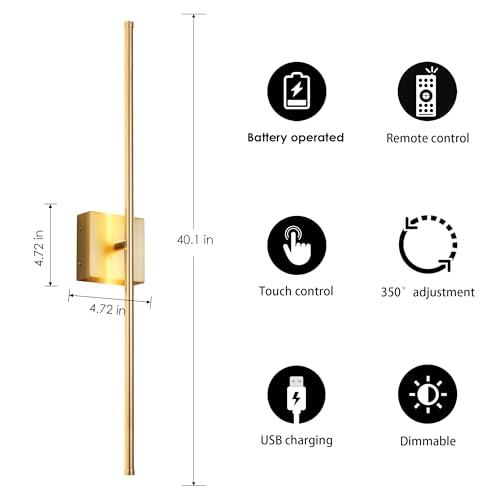 Image of KARTOOSH 40.1 Inch Wall Sconces Battery Operated for Living Room Gold | Rechargeable Wireless Wall Lamp Set of 2, 3000K Warm White Dimmable Wall Light Remote Control Indoor Lighting for Bedroom