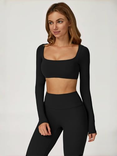 ABOCIW Women Square Neck Long Sleeve Workout Crop Top Low Medium Impact Athletic Yoga Gym Shirts with Built in Bra(ONLY TOP)3