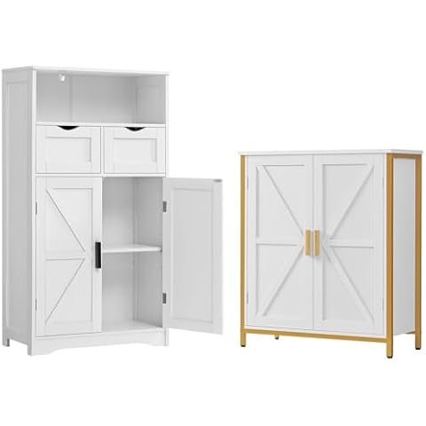 WEENFON Storage Cabinet Set, Bathroom Cabinet with Doors and Shelves, Coffee Bar Cabinet with Drawers, for Living Room, Home Office, Kitchen, White Cover