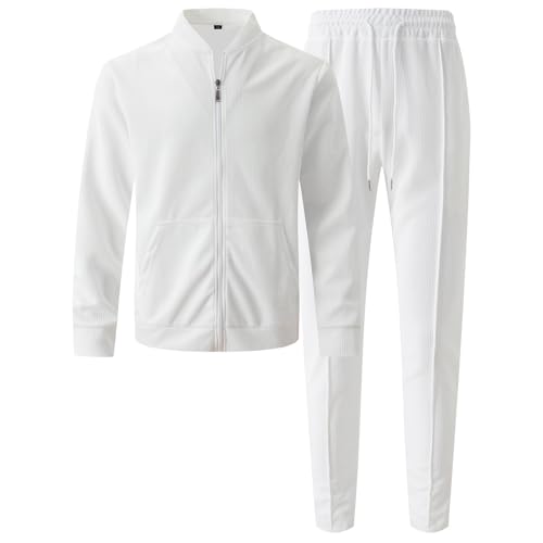 Herrenanzug für Frühling und Winter, einfarbig, langärmeliges Oberteil und Hose, warmes Sweatshirt, Sport-Hose, Set, Jungen, Anzugjacke (Weiß, Größe XXXL)