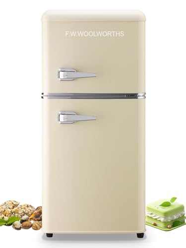F.W.WOOLWORTHS 3.5 Cu.Ft Fridge with Freezer, Refrigerator with 2 Doors for Office, Kitchen, Dorm and Bedroom, Fridge with 7 Level Temp Adjustable Thermostat, Cream