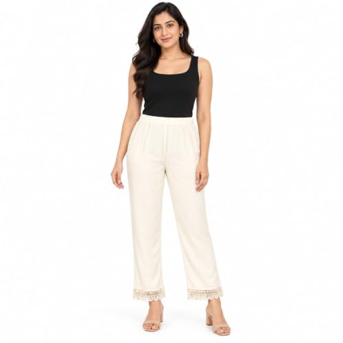 Image of NIRVII Women's Rayon Designer Straight Kurti Pant with Stylish Cutwork Hem | Comfortable Regular Fit Trousers