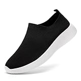 GLYGML Women's Walking Shoes Non-Slip Walking Shoes Slip-on Breathable Mesh Work Casual Lightweight Sports Shoes Black_White Size 9