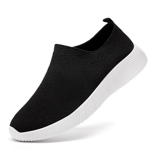 GLYGML Women's Walking Shoes Non-Slip Walking Shoes Slip-on Breathable Mesh Work Casual Lightweight Sports Shoes Black_White Size 9