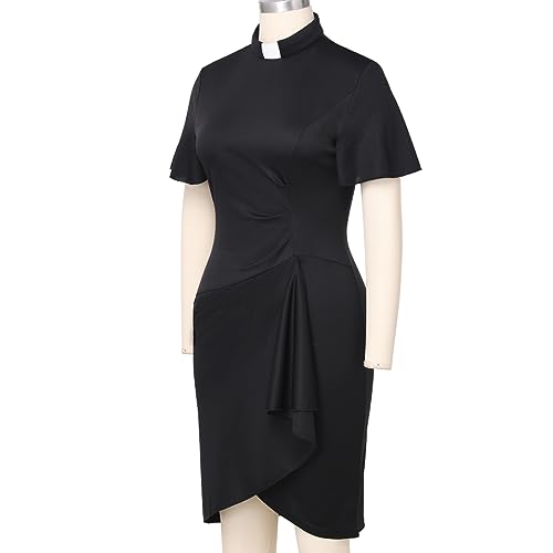 Womens Church Clergy Mass Dress Flare Sleeve Waist Pleated Flower Bud Pencil Dress with Tab Collar4