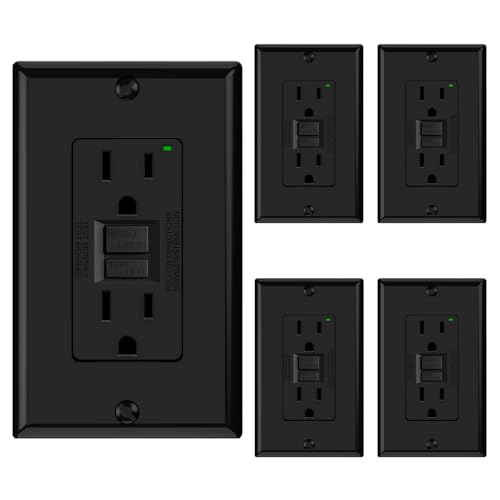 ELEGRP GFCI Outlet 15 Amp Self-Test GFI Electrical Outlet with Narrow Design GFCI Receptacle with LED Indicator UL Listed Black Wall Plate Included 5 Pack