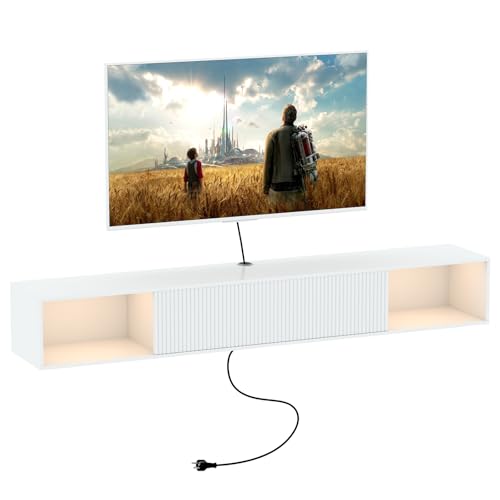 Katrawu 55' Floating TV Stand with LED Light, Floating TV Stand Wall Mounted, Floating Entertainment Center with Storage Long for Bedroom, Wood Floating TV Shelf for Living Room (White)