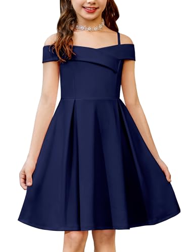 Arshiner Mädchen Kleid Schulterfrei Spaghettiträger Kinderkleid Ärmelloses Festliches Trägerkleid Sommer Partykleid Elegant Abendkleid für Mädchen 9-10 Jahre Marineblau