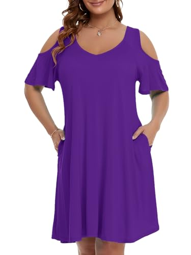Image of JollieLovin Womens Plus Size Short Sleeve Cold Shoulder V Neck T-Shirt Dress with Pockets
