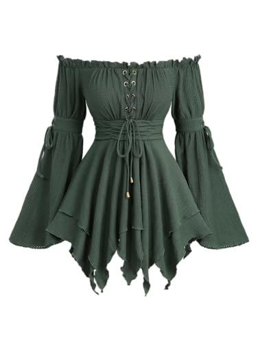 DRESSFO Women Renaissance Shirt Ruffle Off Shoulder Casual Lace Up Grommets Asymmetrical Ruffles Tops