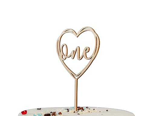 One Heart-shaped Wooden Cake Topper – "One" Letter Decoration Set for 1st Birthday Cakes, Perfect for 1st Birthday, Baby Shower, or Anniversary Milestone Parties