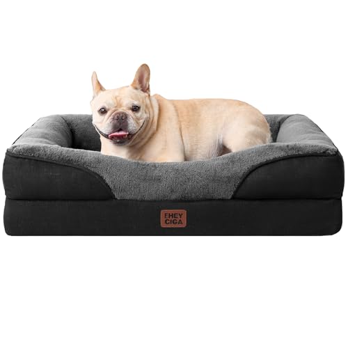 EHEYCIGA Orthopädisches Hundebett Kleine Hunde, 76x51x16.5cm, Memory Foam Waschbar und Wasserdicht Hundekorb mit 4 Rändern, Hundesofa Hundecouch rutschfest, Grau/Schwarz