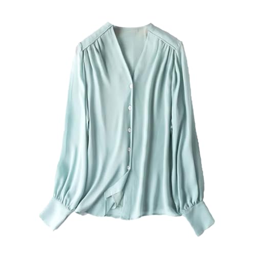 Chemise en soie pour femme Kelsiop bleu col en V boutonné manches longues vêtement chic