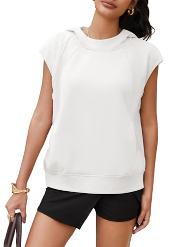 Yousify Womens Sleeveless Hoodies Sweatshirt Casual Workout Tank Tops Spring Summer Hooded Activewear Shirts with Pocket White — view 5