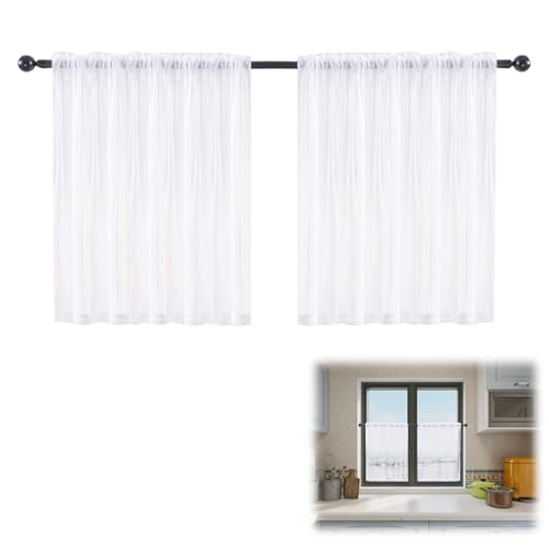 Lot de 2 Rideaux Brise Bise Cuisine 76x60cm Blanc, Voilage Court Effet Lin à Passe Tringle pour Petite Fenêtre Salon Café, Panneaux Filtrant la Lumière et...