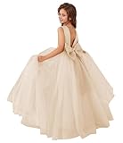 MCieloLuna Flower Girl Dresses for Wedding Toddler Bow-Knot Pearls Puffy Tulle Pageant Princess First Communion Dresses Champagne Size 2