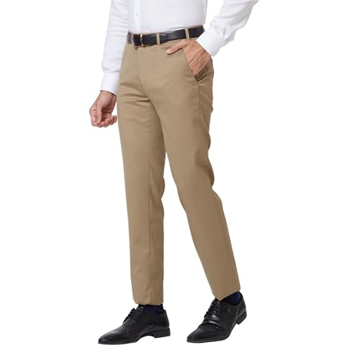 Image of Raymond Men's Poly Viscose Blend Solid Pattern Slim Fit Flat Front Formal Trouser