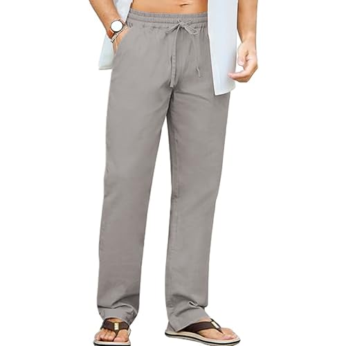 Men's Linen Pants Drawstring Elastic Waist Baggy Summer Pants Casual Loose Fit Beach Trousers with Pockets4