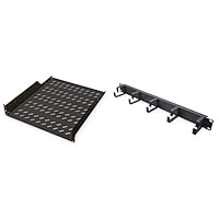 DIGITUS Professional DN-19 TRAY-2-55-SW Fachboden zum Festeinbau in 19" Schränke Traglast 25 kg ab 800 mm Schranktiefe 2HE schwarz & Kabel-Rangierpanel 1HE 5 Führungsbügel 44 x 60 mm 19-Zoll Schwarz